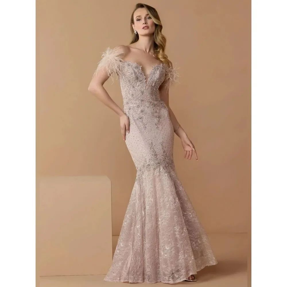 MAC DUGGAL 20246 Pink Feathered Crystal Embellished Sleeveless Gown Flaws